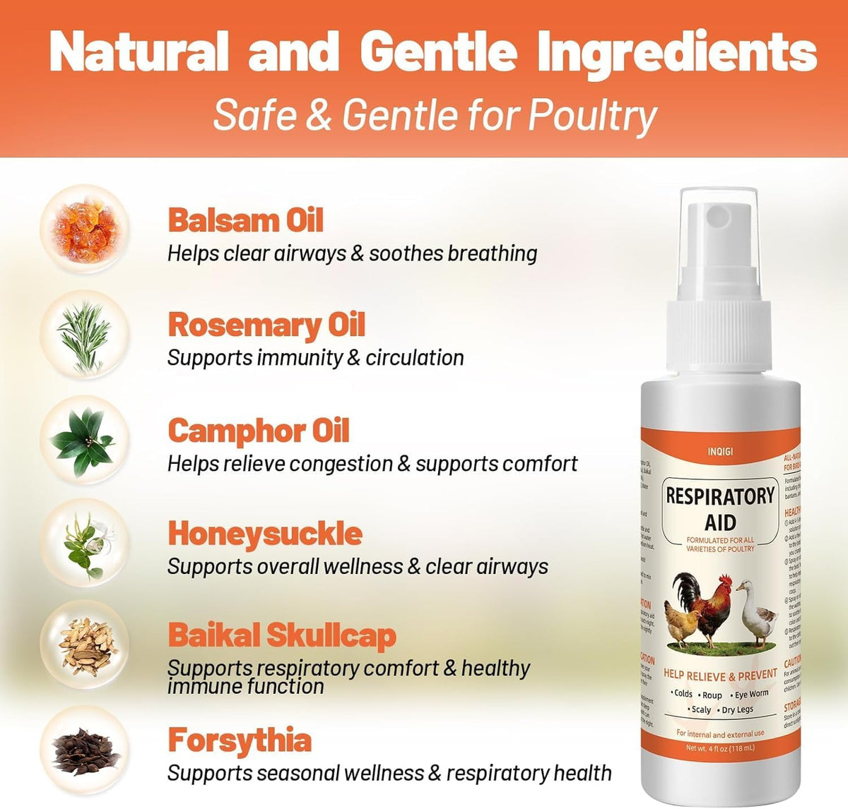 Respiratory Aid for Chicken, Poultry Supplement for Coughing, Sneezing & Nasal Relief, All-Bird Safe Formula, Drinking Water Additive, Dropper & Spray Top Included, 4Oz (118ml) Natural Liquid