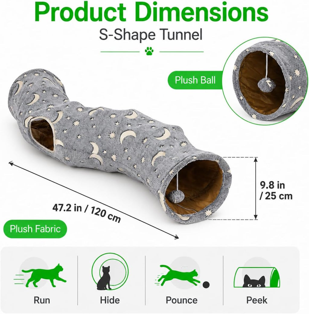 S-Shape Cat Tunnel Glow in the Dark, Grey Moon Star Pattern
