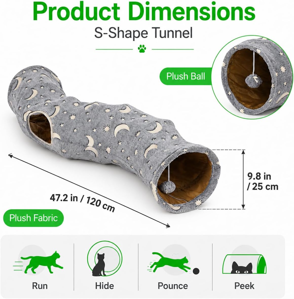 S-Shape Cat Tunnel Glow in the Dark, Grey Moon Star Pattern