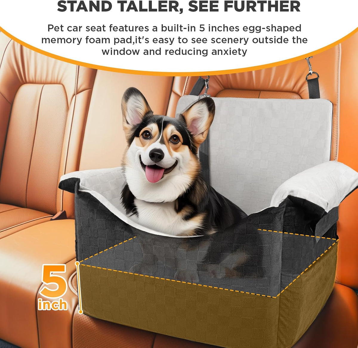Elevated Dog Car Seat for Small Medium Dogs Under 30 lbs, Memory Foam Elevated Booster Seat with Headrests Support, Travel-Safe Car Bed with Detachable Washable Cover & Safety Belt