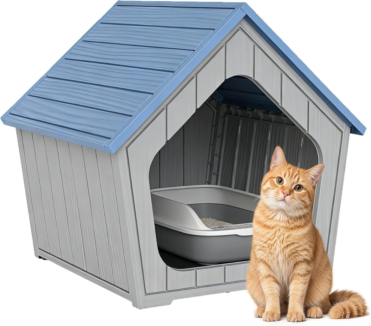 Cat Litter Box Enclosure, Multi-Functional Enclosed Cat Litter Box Furniture, Outdoor Cat House Weatherproof, Openable Front Door & Raised Floor, Easy to Clean & Assemble, Black