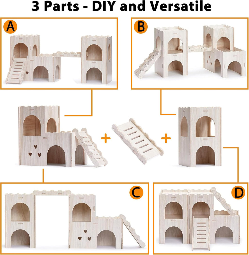 Large Hamster Hideout, Wooden Double-Decker Castle with Climb Ladder