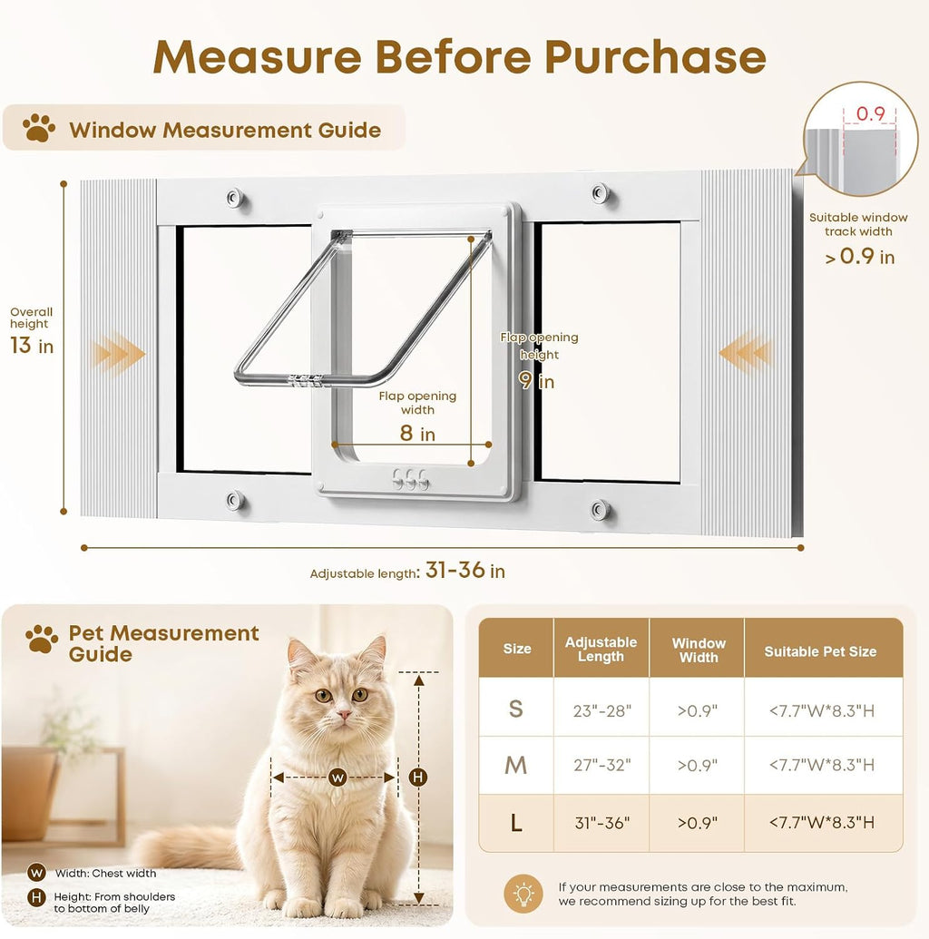 Cat Door for Window, Adjustable 31"-36", 4 Locking Modes + Extra Security Lock for Outside Safety, Window Pet Door with Magnetic Self-Closing, No-Drill Installation, Weatherproof Aluminum Frame Insert