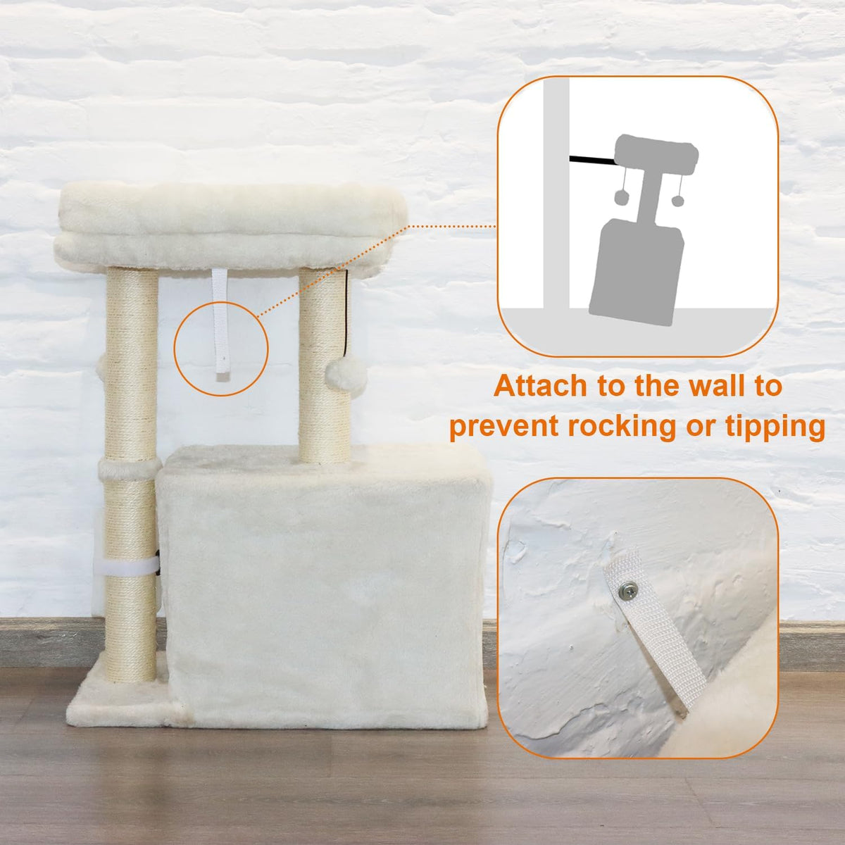 PEEKAB Small Cat Tree Tower,Scratching Post with Condo and Perch for Indoor Cats and Kittens,with Dangling Ball Massage Brush,Beige