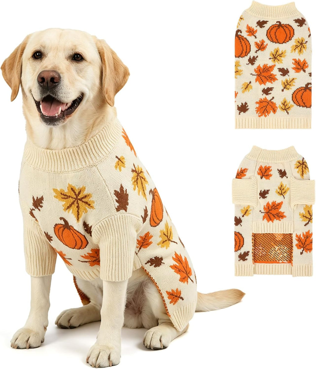 Thanksgiving Dog Sweater, Pumpkin Maple Leaf Fall Pattern, XL