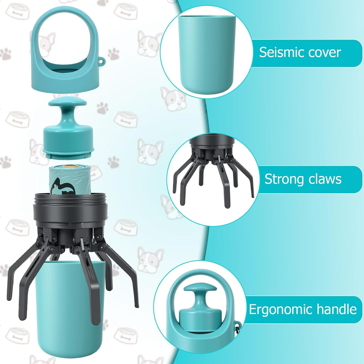 STHF Easy one-Hand Dog Waste Pickup. Portable Claw Tool Includes Bag Dispenser, 2 Rolls, Odor-Resistant. for All Surfaces & Dogs.