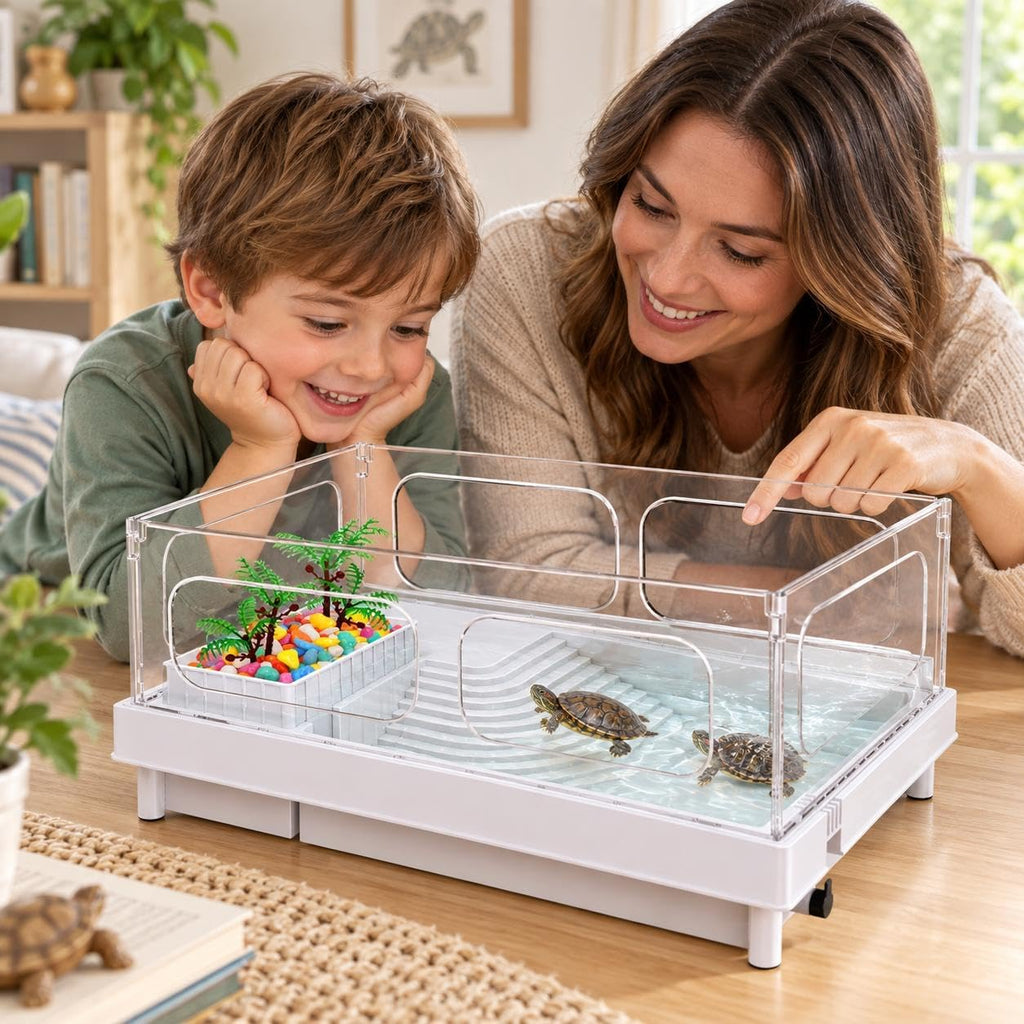 Small Turtle Tank for Baby Turtles with Basking Platform and Bottom Drain