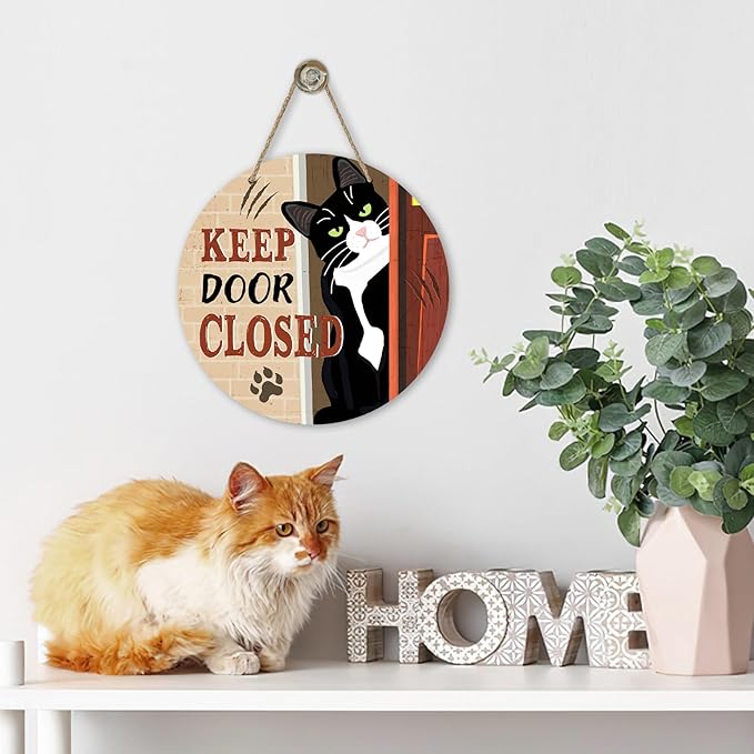 Keep Door Closed Tuxedo Cat Front Door Sign, Funny Wood Hanger Bedroom Porch - Image 6