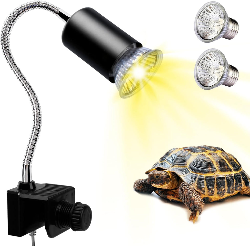Reptile Heat Lamp, UVA UVB Light for Aquarium Turtle Tank, with 2 * 50w Basking Bulb and 360° Swivel Clamp Stand for Tortoise, Snake, Frog, Lizard, Cockatoo, Chameleon. Halogen, Yellow Light