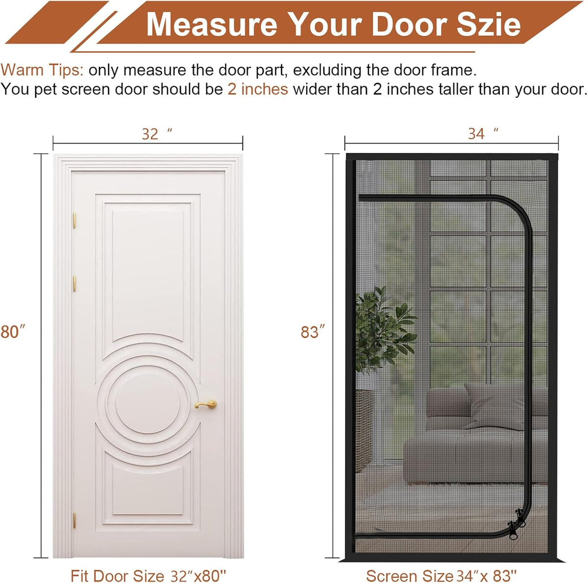 Upgraded Reinforced Pet Screen Door Thickened Cat Resistant Mesh Screen Door for Living Room, Bedroom, Patio, Dog Cat Scratch Proof Screen with Zipper Closure (Fits Door Size up to 32''x 80'', Black)