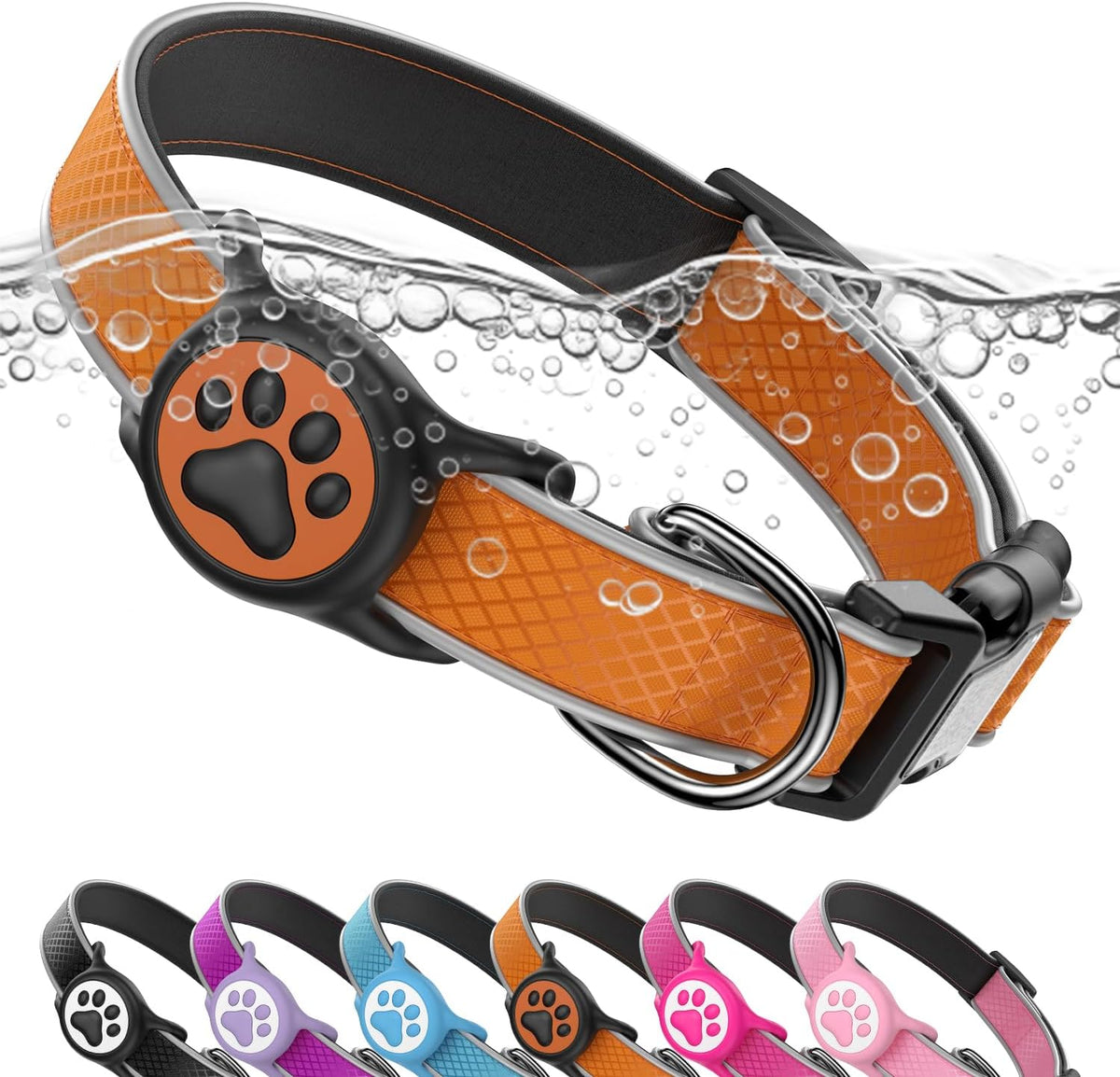 Reflective Dog Collar with Airtag Holder, IPX8 Waterproof Air Tag Dog Collar Holder | Ultra-Durable | Soft Padded | Safety Locking Buckle | Fit Small Dogs (OrangeXS(8"-12"))