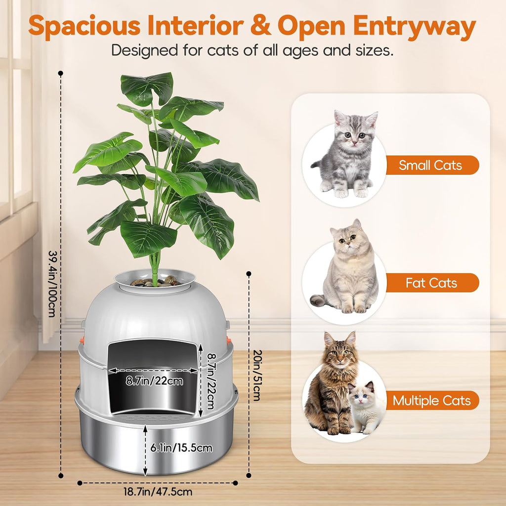Hidden Plant Litter Box with Scoop, Stainless Steel Litter Box Plant, Grey