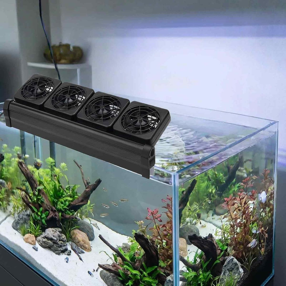 4-Fans Aquarium Chiller with Adjustable 5 Speed Controller 5 Timer Setting, Fish Tank Fan Aquarium Cooling Fan, 90° Adjustment Aquarium Cooler Fan Quiet for Tank Home Office