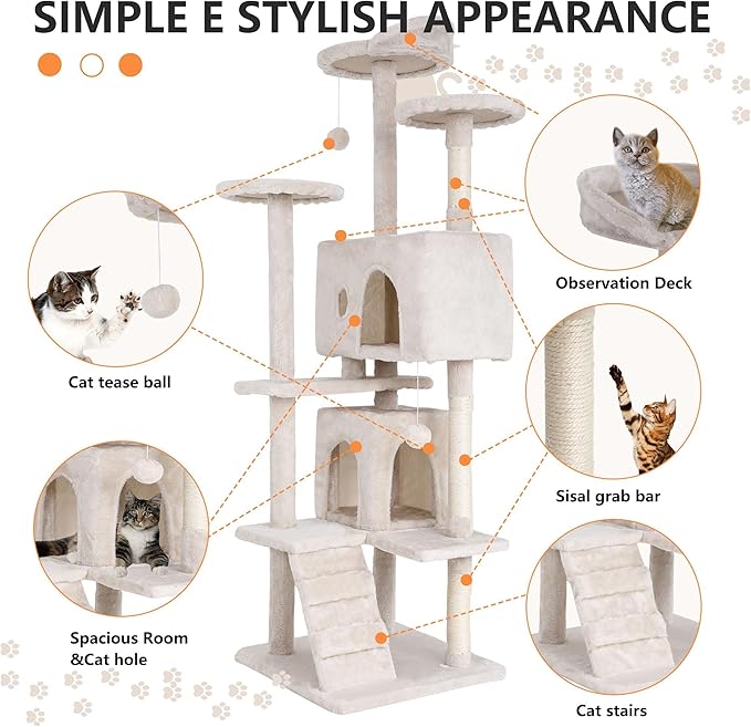 70 Inch Beige Cat Tree, Tall Cat Tower - Image 5