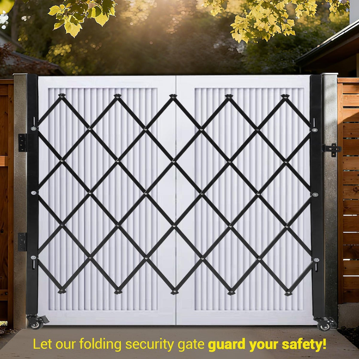 Takywep Heavy-Duty Double Folding Security Gate - Expandable Lockable Steel Scissor Door - 360° Swivel Casters - Portable Rolling Barrier for Outdoor, Garden, Pool, Courtyard, Garage - Black - 51.57"H