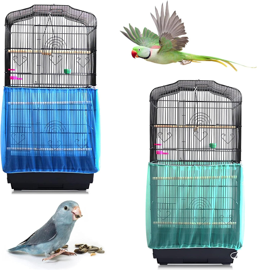 Daoeny 2Pcs Universal Bird Cage Cover, Adjustable Seed Feather Catcher, Soft Airy Nylon Mesh Parrot Net, Birdcage Cover Skirt Sheer Guard for Round Square Cages (Green+ Blue)