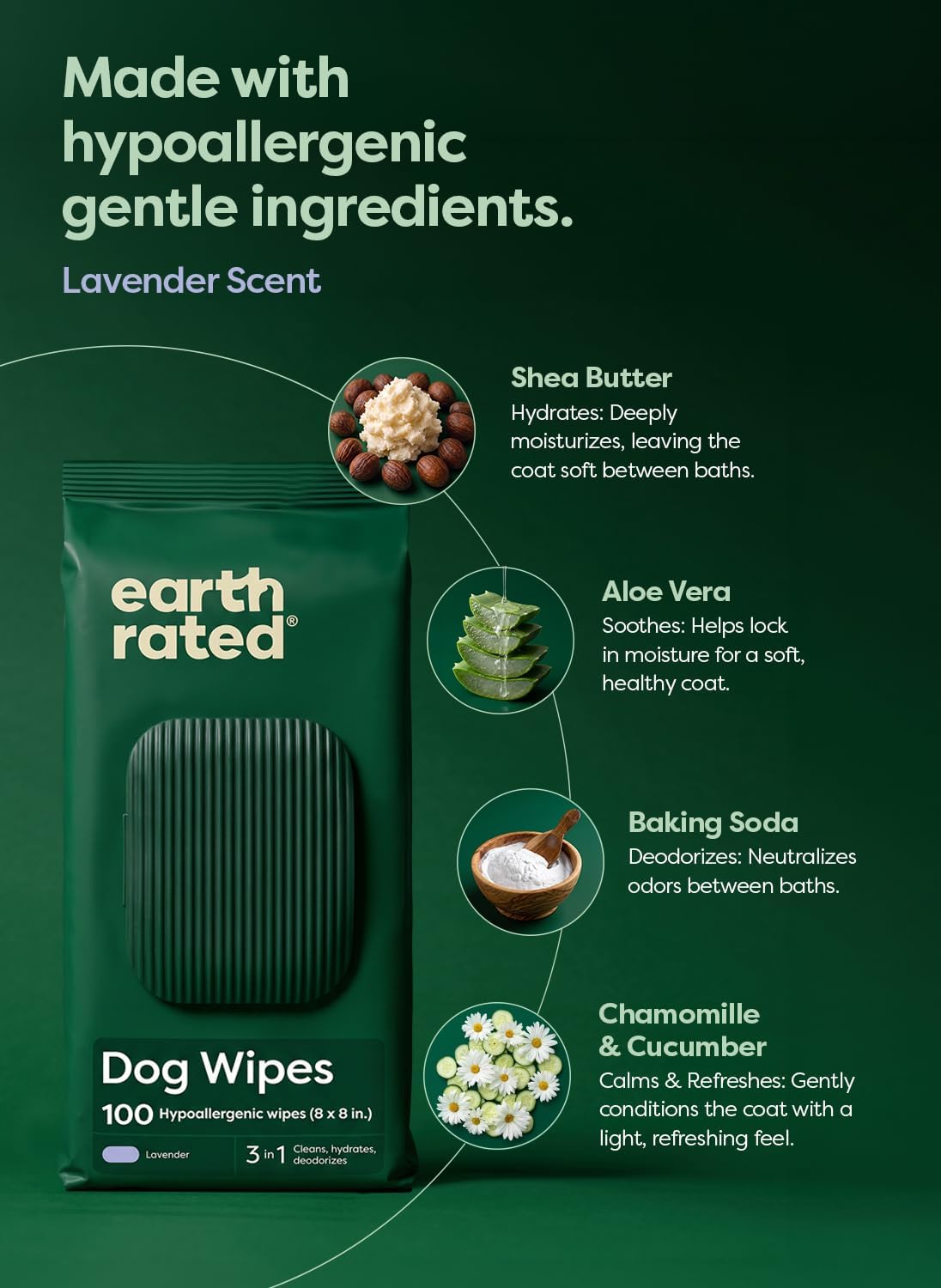 Earth Rated Dog Wipes for Paws & Butt, Deodorizing, Lavender, 400ct