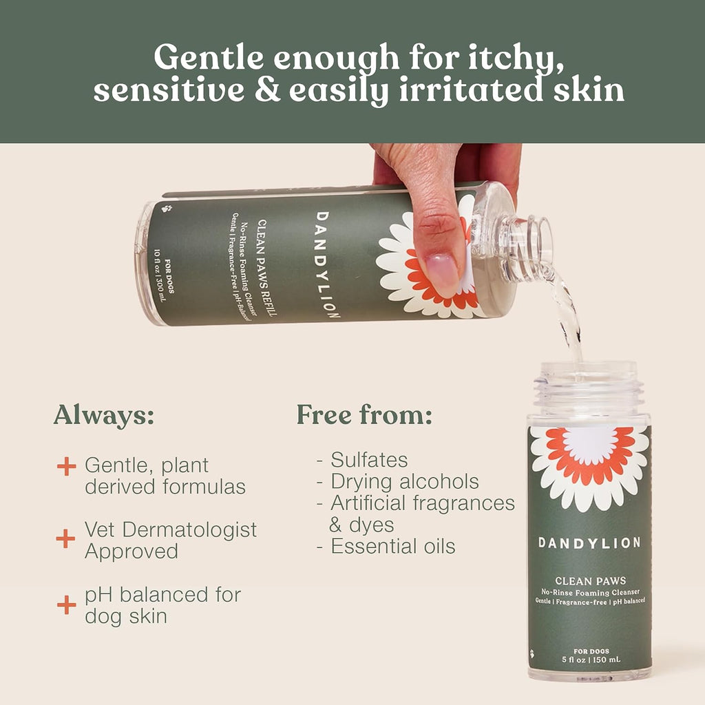 Dandylion Clean Paws Value Set | No-Rinse Foaming Dog Paw Cleaner with Built-in Brush + Refill | Fragrance-Free, pH-Balanced | Suitable for All Breeds & Sizes