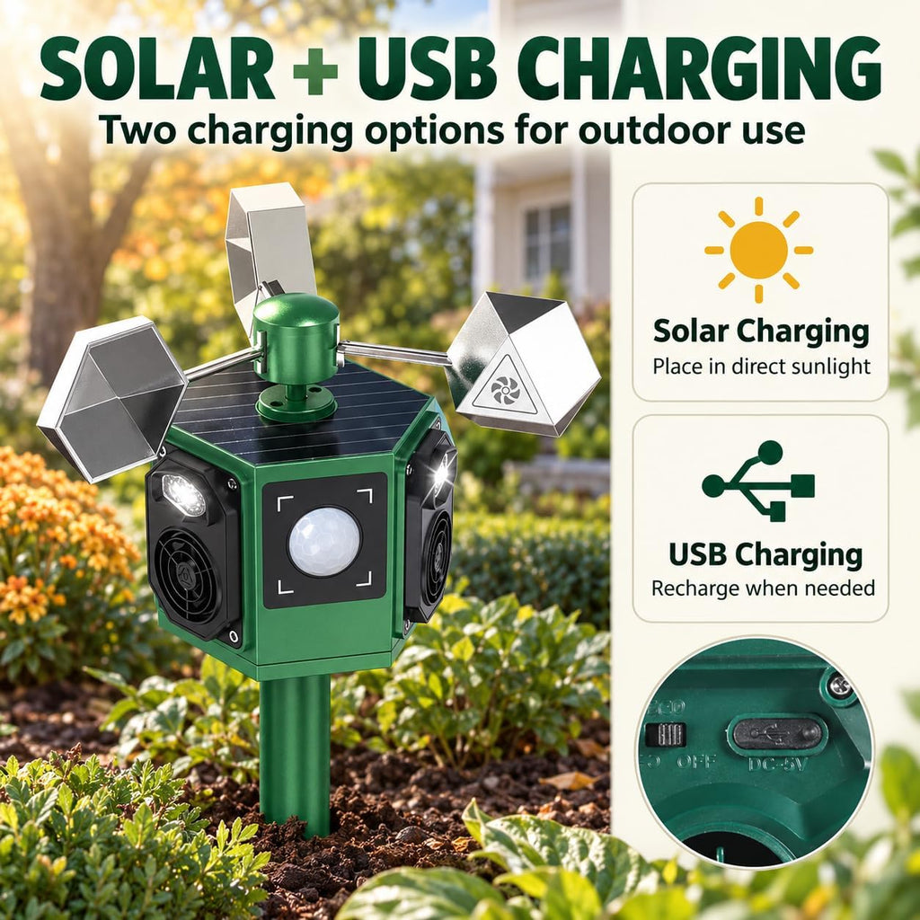2 Pack Solar Ultrasonic Bird Deterrents for Outside Bird Repellent with Motion Sensor & Flashing Light & Reflectors to Keep Woodpecker Pigeon Crow Sparrow Away from Garden, Roof, Pool, Lawn
