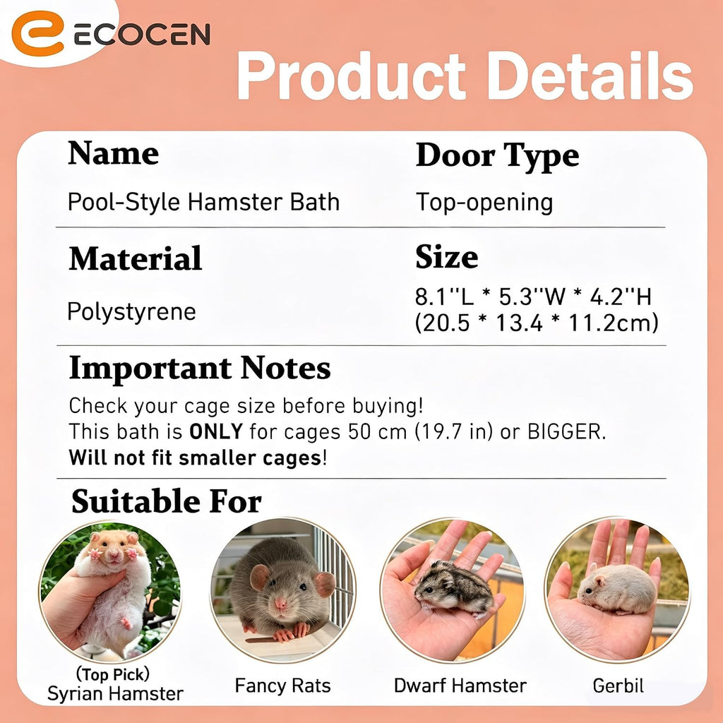 Big Acrylic hamster sand bath container,8.1''L*5.3''W*4.2''H(20.5*13.4*11.2cm) Large Animal Bathroom for Syrian Hamster,Transparent Hamster Bathtub Toilet,Hamster Sand Box,Acrylic Shower-Pink