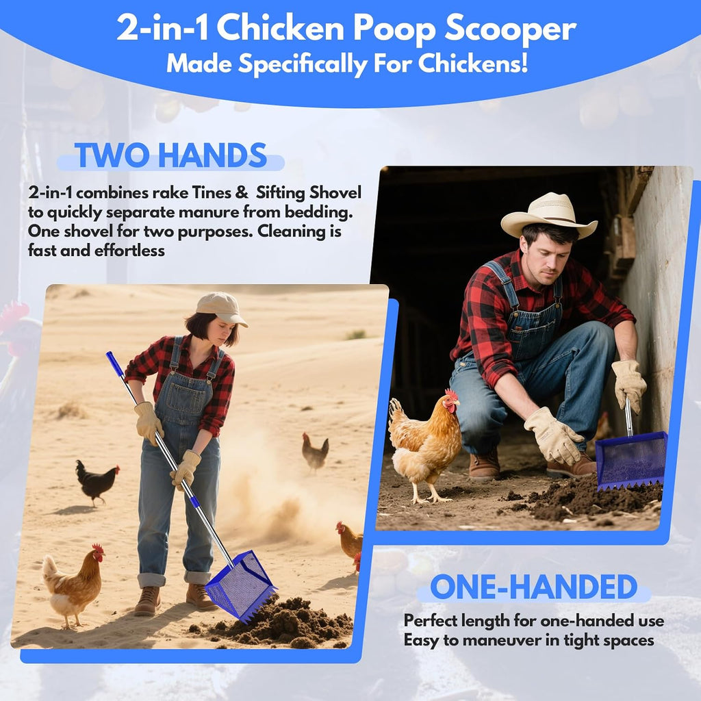 Chicken Poop Scooper Rake 2-in-1,304 Stainless Steel Shovel Head, Chicken Litter Scoop with Handle for Chicken Coop for Sand, Pet Waste Cleaning, Litter Sifting Shovel (35 to 65") (Blue, 10inch)