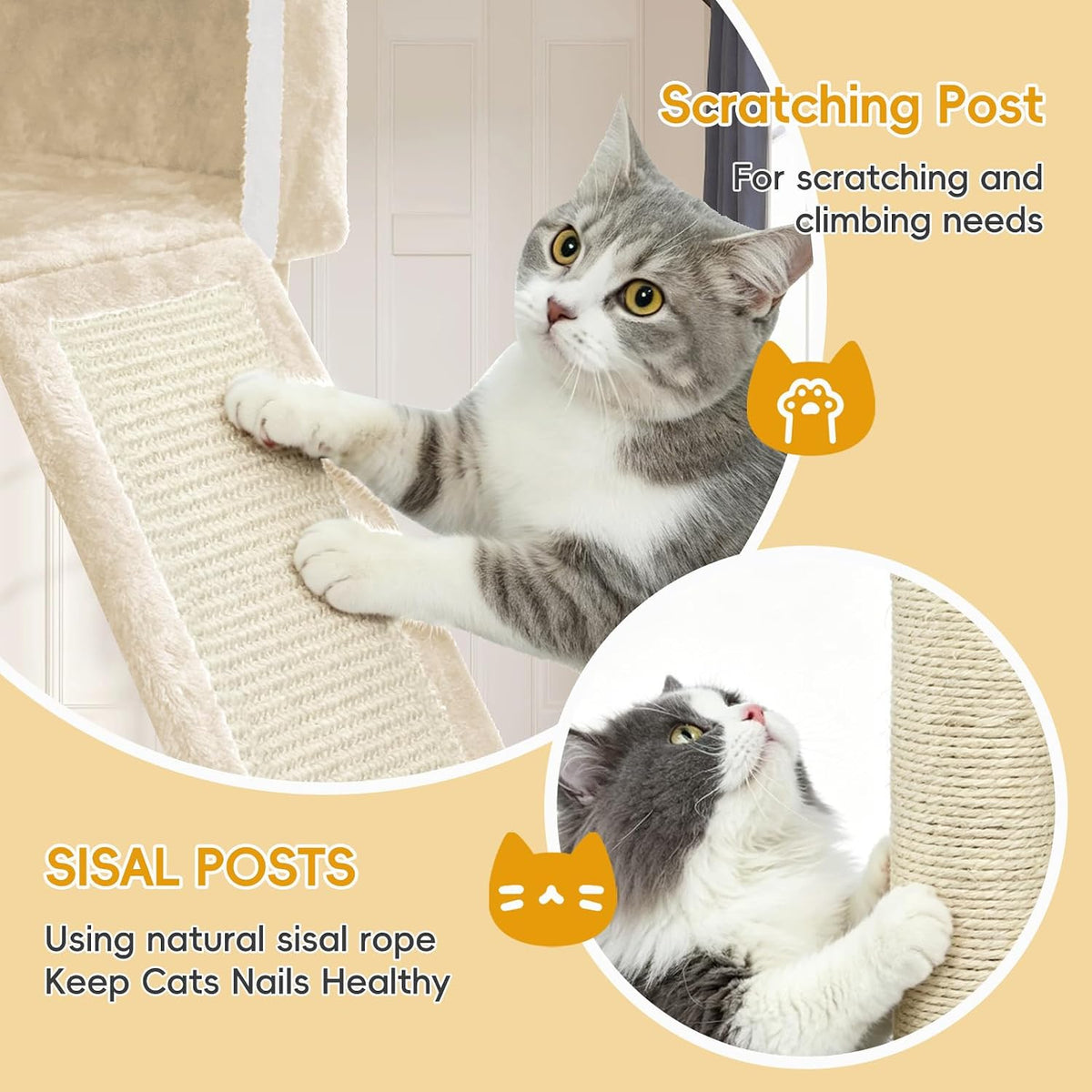Large Multi-Level Cat Tree,80 Inches Tall with Sisal-Covered Scratching Posts, Condo, Hammock, Dangling Ball, and Extended Platform for Cats to Play and Sleep (Beige)