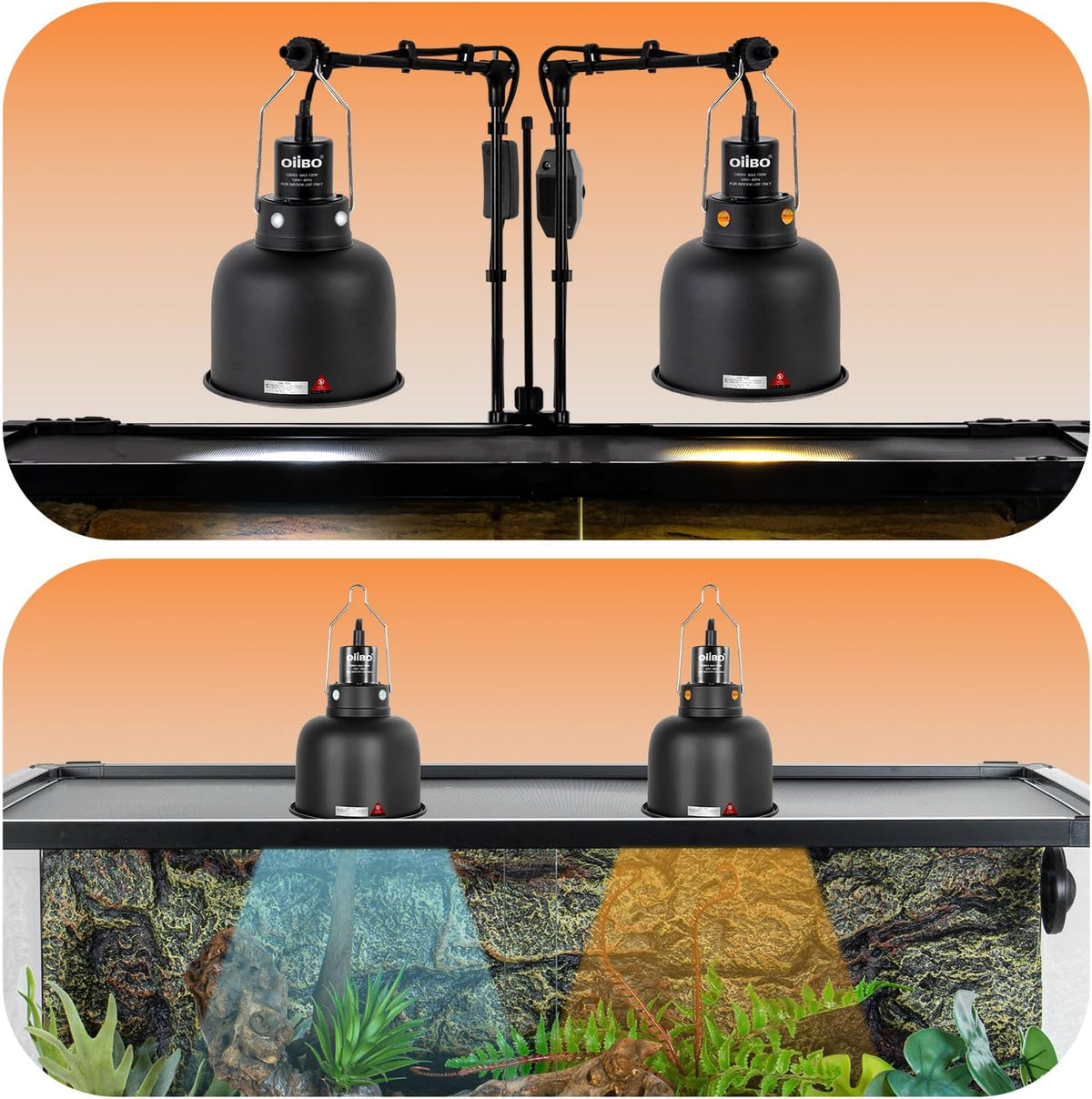 5.5 Inch Reptile Light Fixture with Dimming/Separate Switches, 2 Packs Deep Dome Lamp Cap Reflector Cover, UVB Light Heat Lamp Fixture for Reptile Glass Terrariums, Max 100W Black