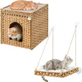 Cat Beds for Indoor Cats, Extra Large Double Cat Cave Pet Cube, Handwoven Rattan Cat Houses, Cat Window Perch, Cat Window Hammock Bed for Indoor Cats, Large Handwoven Rattan Window Seat Natural