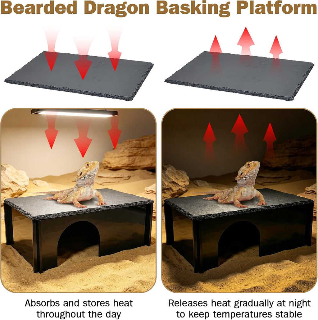 PINVNBY Bearded Dragon Hide Cave, Reptile Basking Platform with Slate Rock