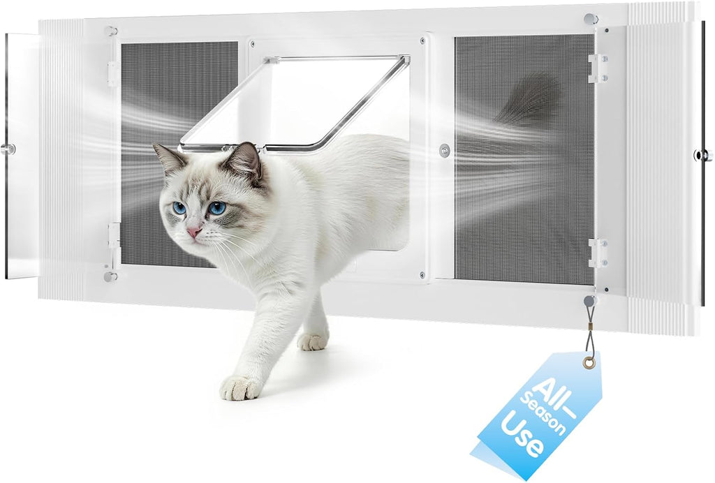 All Season Cat Door for Window with Screen Mesh & Clear Acrylic Panel,36"-40" Adjustable Width,Magnetic Closure Weatherproof Window Pet Door,Aluminum Frame Window Cat Door Insert for Sliding Windows