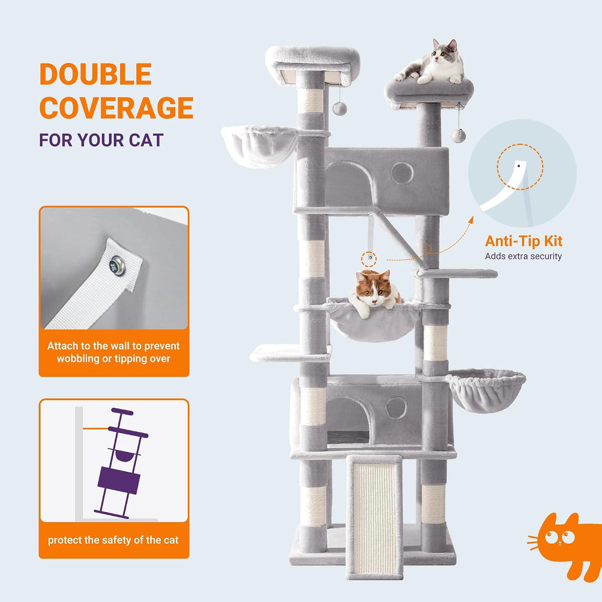 Allewie 81 Inches Tall Cat Tree/Multi-Level Large Climbing Tree House and Towers for Big Feline/Condo and Hammock/Scratching Post/Wide Base/Grey