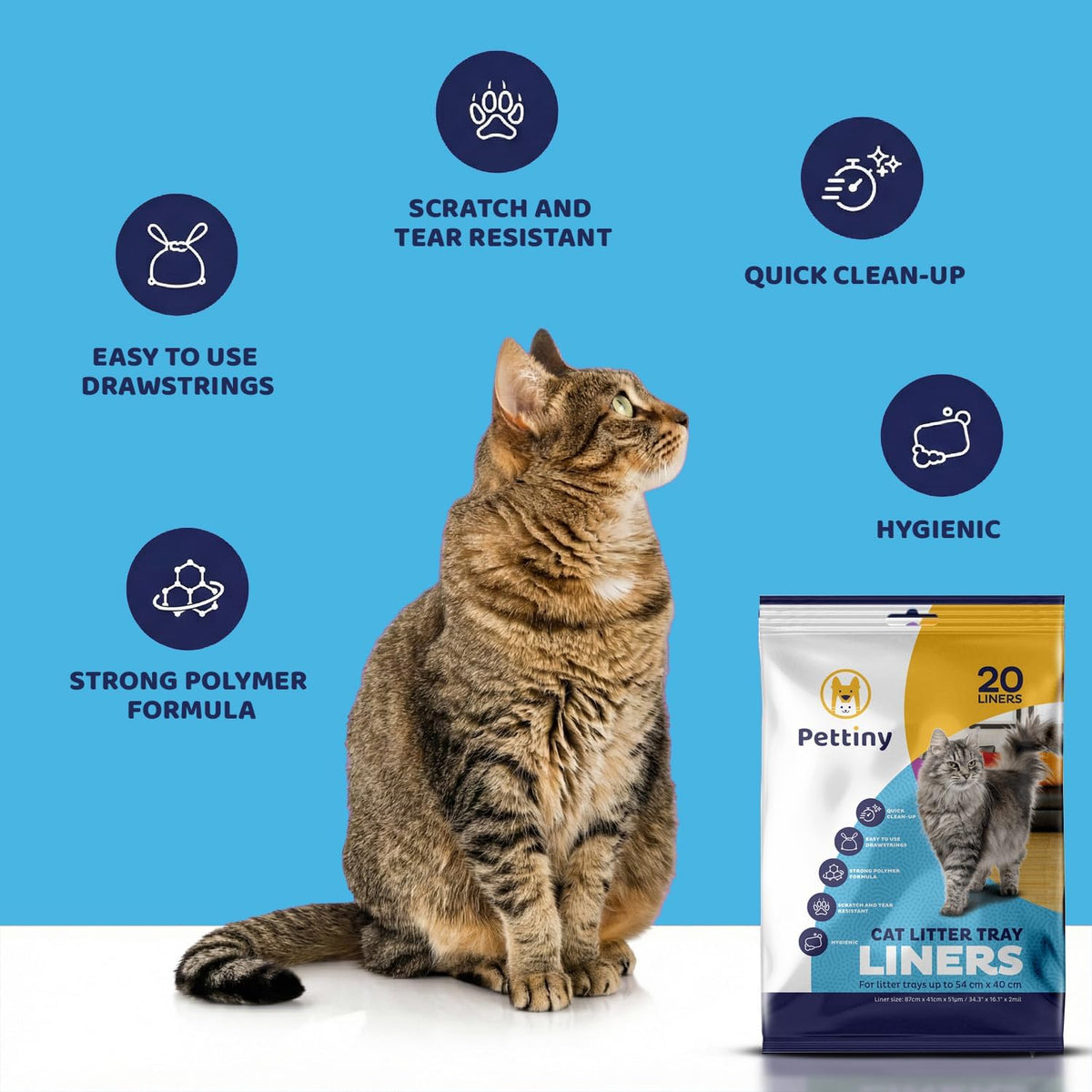 Pettiny 20 Cat Litter Box Liners with Drawstrings - Scratch Resistant Cat Litter Bags for a Medium and Large Litter Pan