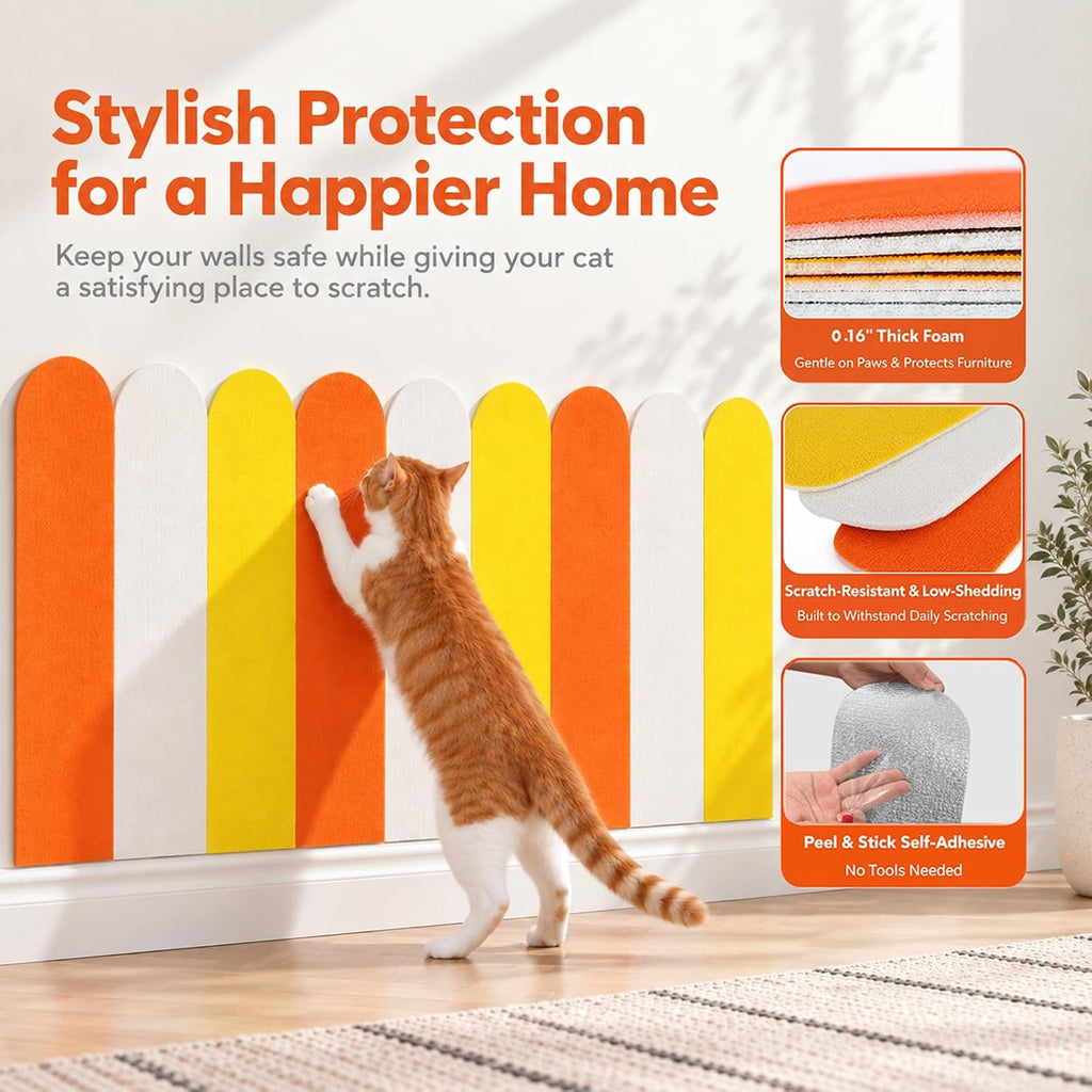 Couch Cat Scratch Protector, Adhesive Cat Scratching Pads, Corner Cat Scratchers, Door Scratch Pads, Protect Walls & Furniture from Cat Claws - 9-Pack, 23.6 x 5.9 Inches, Orange, White & Yellow
