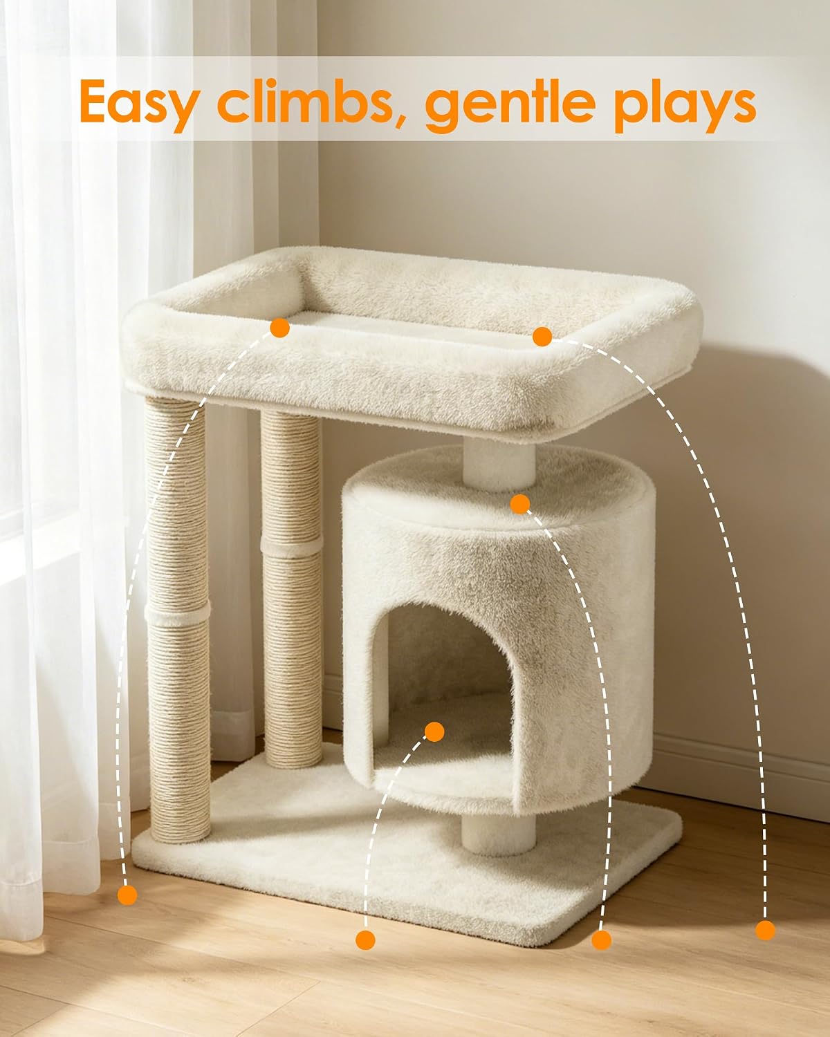 Small Cat Tree, Cat Tree for Large Cats with Perch Bed, Dual Sisal Scratching Posts, Cozy Condos for Indoor Cats Kittens, Beige