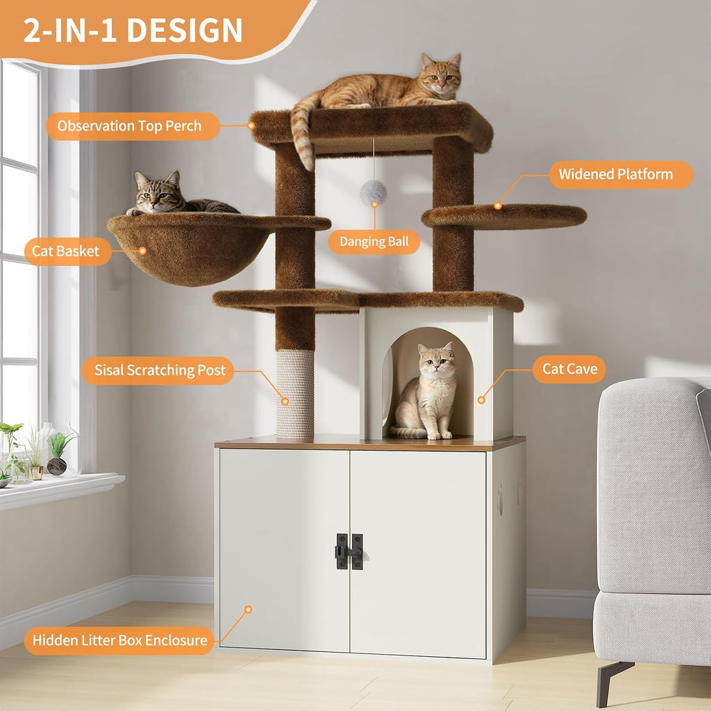 Halloween Cat Tree with Litter Box Enclosure, Hidden Litter Box Furniture with Cat Tower, Cat Tree with with Sisal Scratching Post,Hammocks,Condo,Multiple Platform,Soft Plush Perch, Hickory