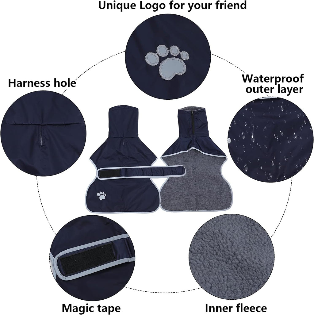 Geyecete Dog Winter Coat Greyhound Raincoat Fabric with Lamb Velvet Inside Outdoor Dog Apparel with Adjustable Bands for Medium, Large Dog-Navy-L