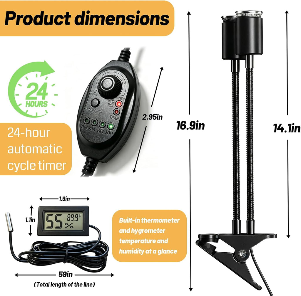 Dual-Head Reptile Heat Lamp with Timer & Waterproof Metal Probe Hygrothermograph, 2×25W UVA UVB Basking Light for Turtle Lizard Snake Bearded Dragon