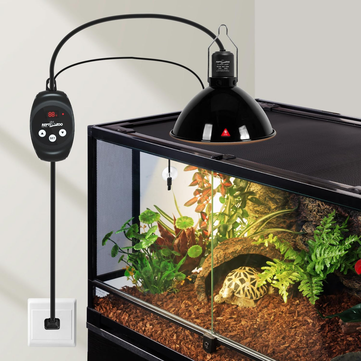 REPTI ZOO Reptile Light Fixture with Dimming Thermostat, 8.5 Inch Deep Dome Lamp Fixture with Reptile Heat Lamp Bulb Temperature Controller Reptile Dimming Thermostat Max 150W