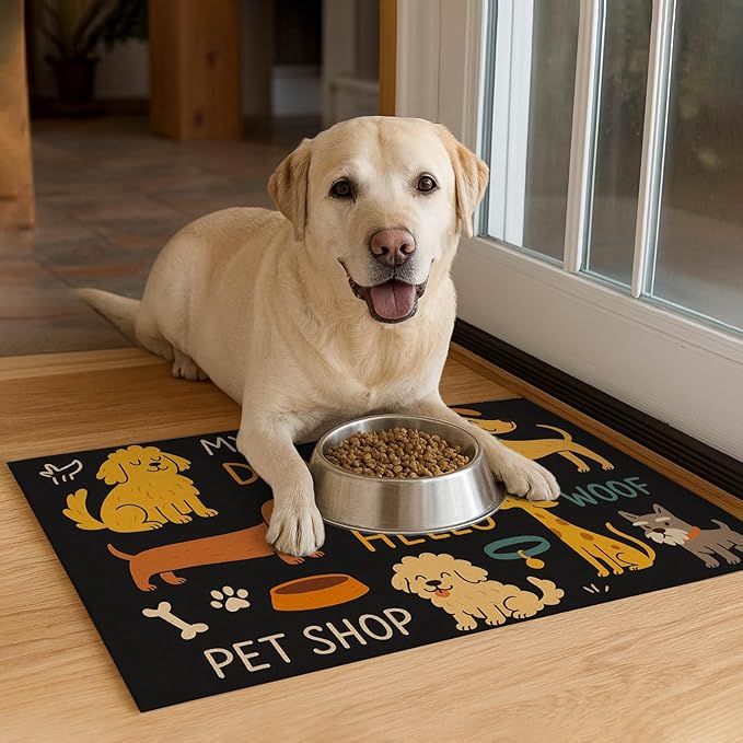 Cute Happy Dog Pattern Design Pet Food Mat 20" x 12" Fun Easy Clean Pet Feeding - Image 4