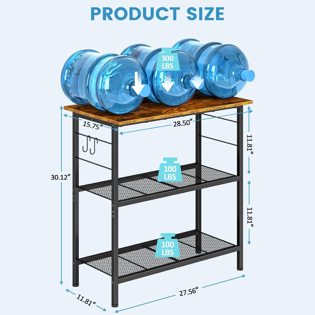 ThreeHio 20 Gallon Fish Tank Stand, 3 Tier Aquarium Stand with Movable Hooks, 28.5" L* 15.74" W Tabletop, Heavy Duty Terrarium Stand with Storage Shelf, Storage Table Shelf Rack Organizer for Kitchen, Living Room, Office, Balcony