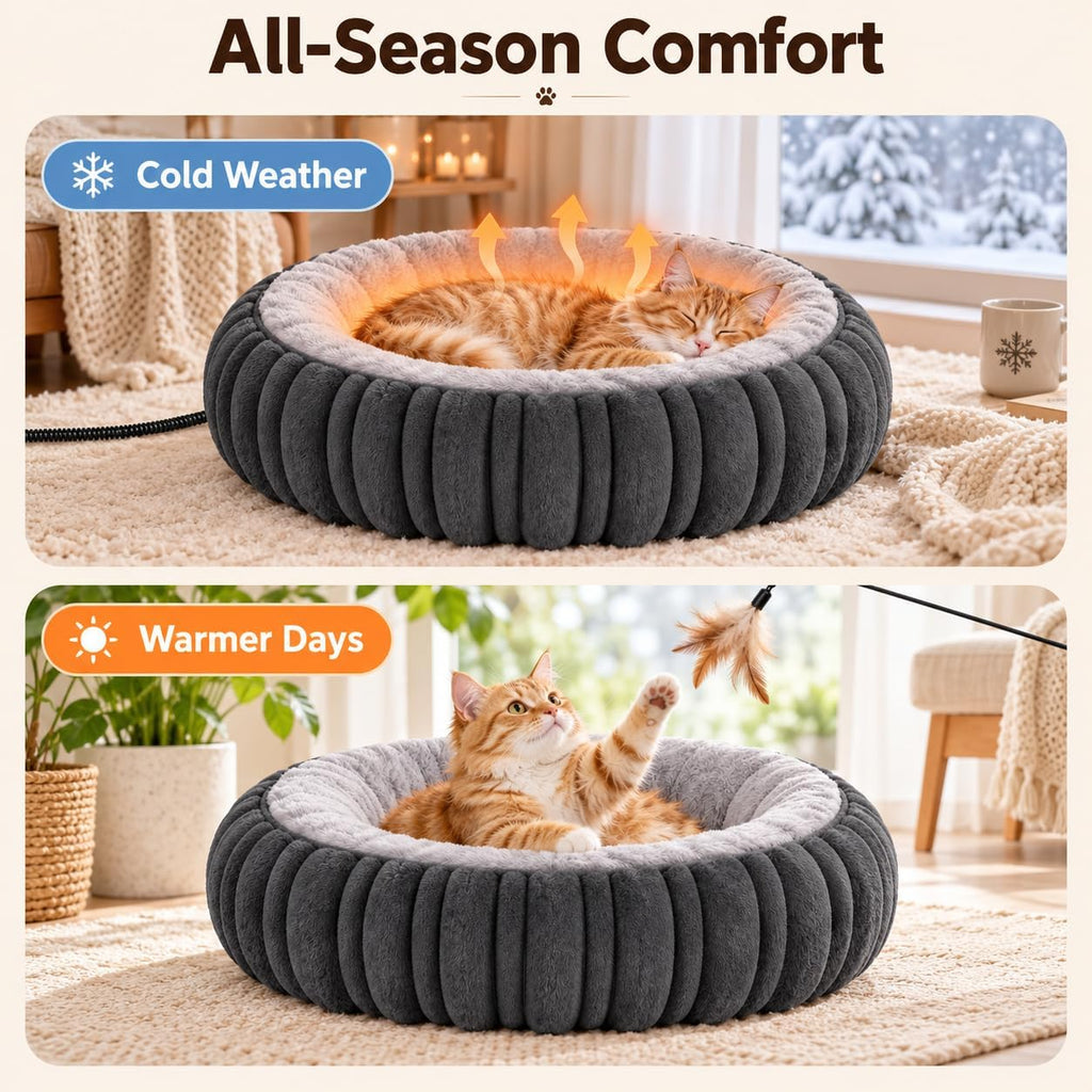 Heated Cat Bed for Indoor Cats - 20" Machine Washable Heated Pet Bed, Gray