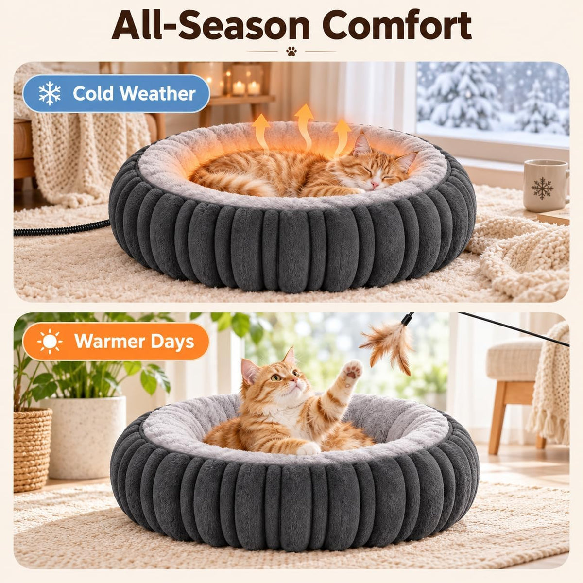 Heated Cat Bed for Indoor Cats - 20" Machine Washable Heated Pet Bed, Gray
