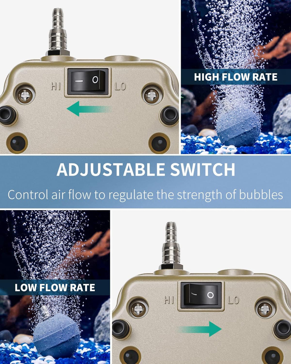 Pawfly Aquarium Air Pump Adjustable Quiet Fish Tank Air Pump with Air Stones 4 Outlets Manifold and Airline Tubing Accessories for Up to 300 Gallon Tank Aquarium Pond