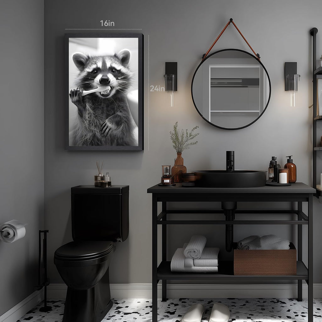 Snlihc Wood Framed Funny Raccoon Brushing Teeth Bathroom Wall Art 12x16 in