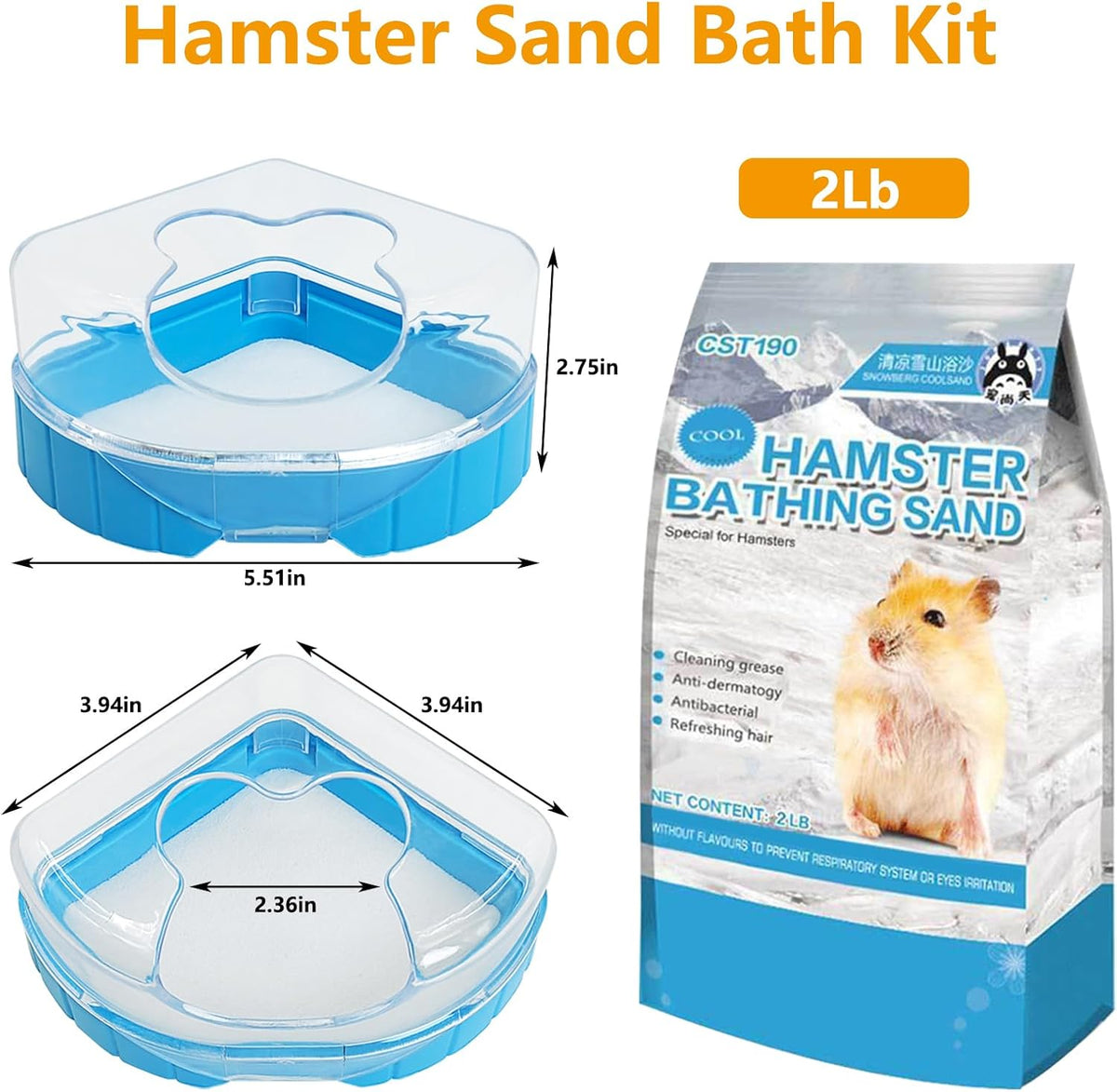 Hamster Sand Bath Kit, 2LB Bathing Sand for Gerbils with Plastic Sandbox Chinchilla Cleaning Powder Dust Free Small Animals Showering Sand for Rodent Mice Rat Mouse