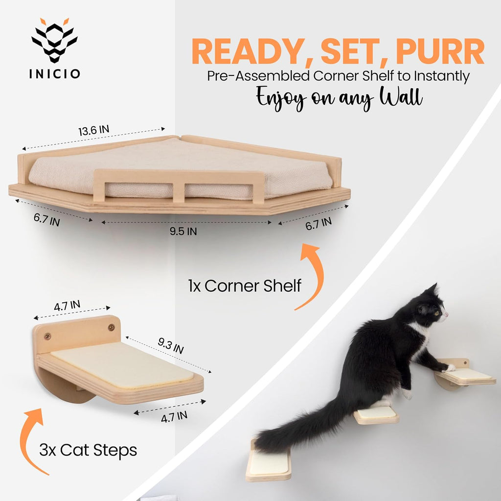 INICO Cat Wall Shelves and Feeding Shelf Bundle - Wall Mounted Cat Furniture with Climbing Shelves and Pet Feeder – Durable and Easy to Install Birch Pet Stairs for Up to 15lbs Cats - Wood Brown