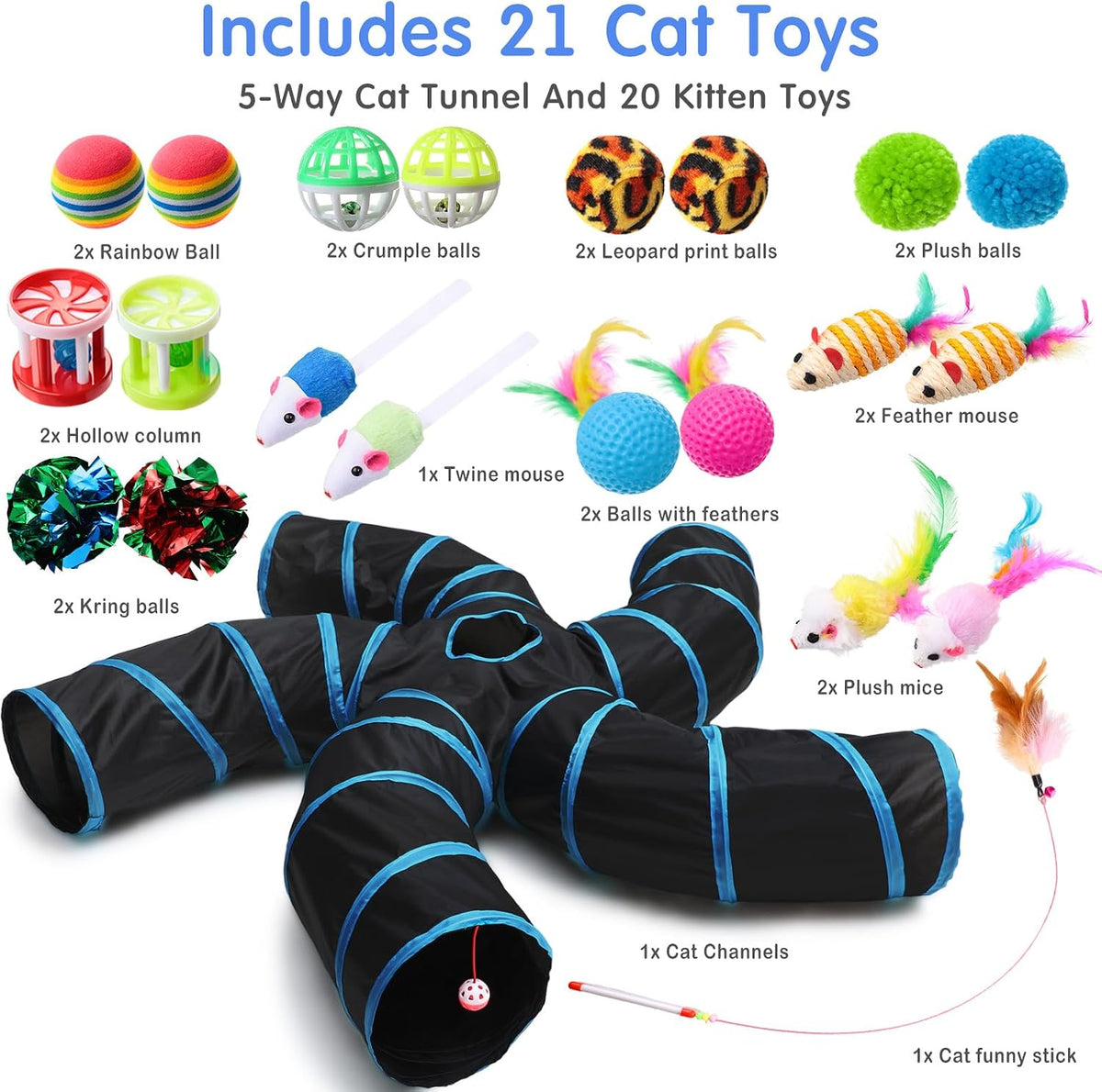 Poen 21 Pcs Cat Tunnels 5 Way Collapsible with 20 Toys Set, Blue Black