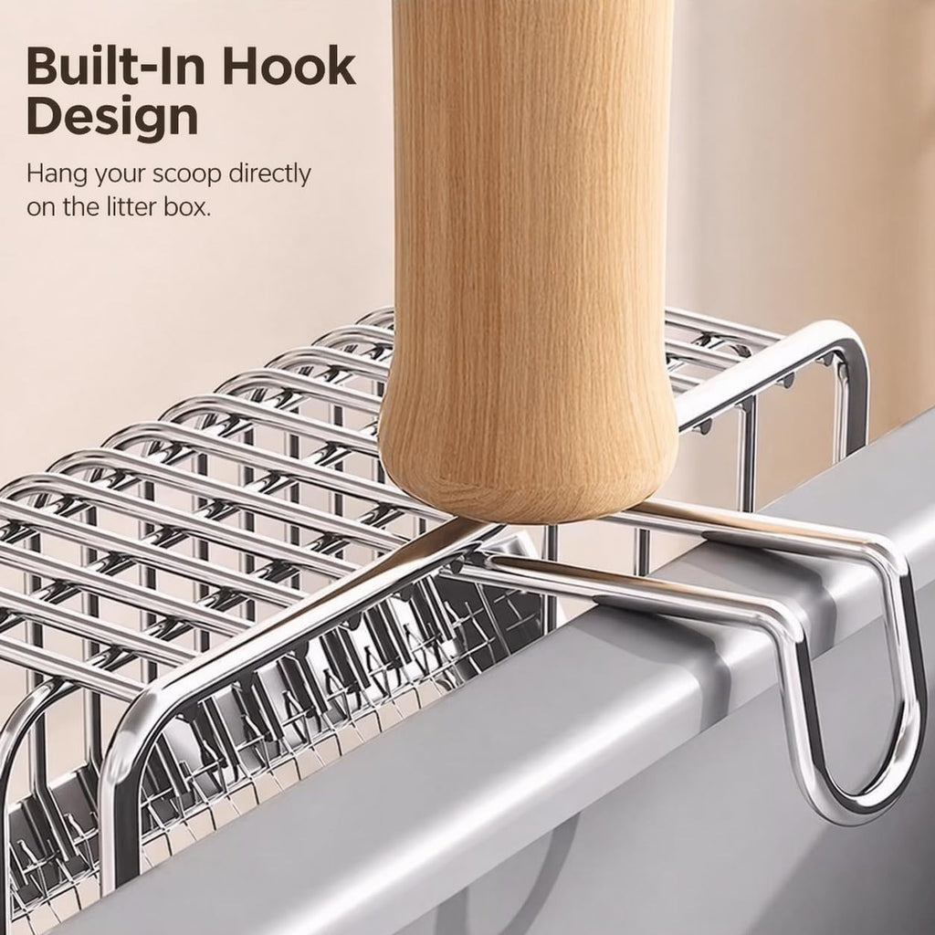 Premium Stainless Steel Cat Litter Scoop with Wooden Handle, Heavy Duty Metal Kitty Litter Scooper with Deep Sifting Basket & Built-in Hook, Durable Modern Litter Scoop for Cat Litter Box