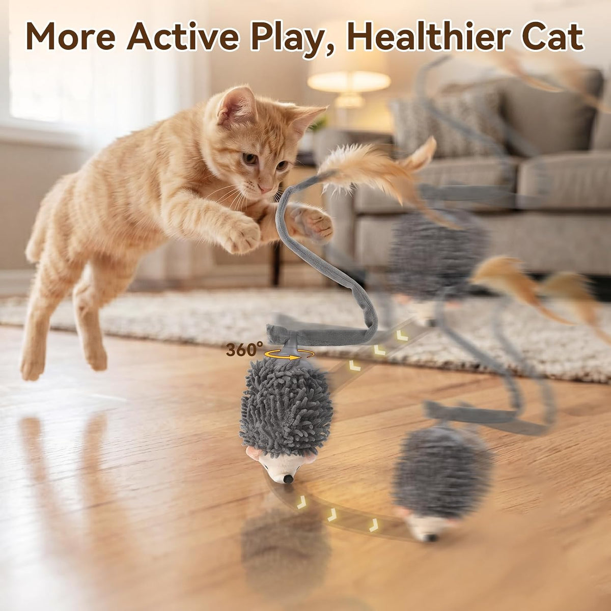 Migipaws Interactive Hedgehog Cat Toy 360° Rolling & Spin with Soft Plush Tail for Indoor Cats Smart Motion Sensor, Realistic Squeak, Rechargeable Plush Kitten Toy (Grey)