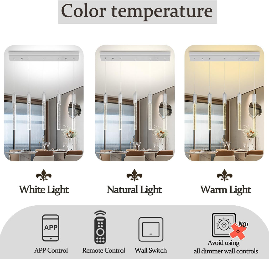 Flashing God 5-Lights Rectangular Crystal Pendant Lights for Kitchen Island Modern Crystal Column Chandeliers for Dining Room Chrome Linear Crystal Chandelier